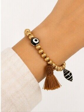 Tory Burch Roxanne Gold Beaded Stretch Bracelet w Evil Eye & Tassel Charm